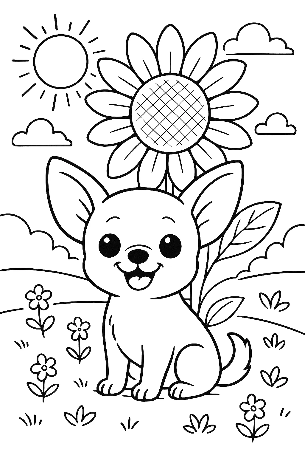 ひまわりの下の子犬