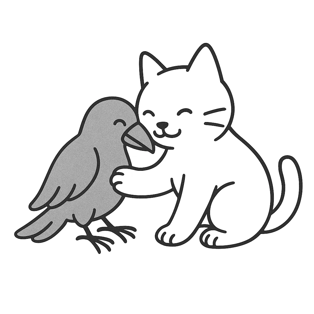 友好的猫和乌鸦