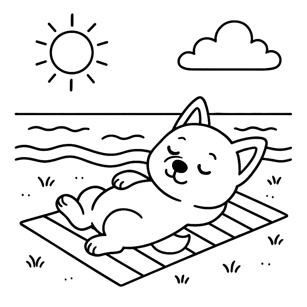 ビーチでひなたぼっこする子犬