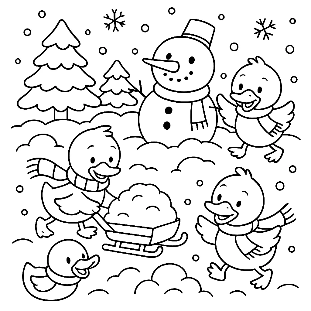 雪の中で遊ぶアヒルたち
